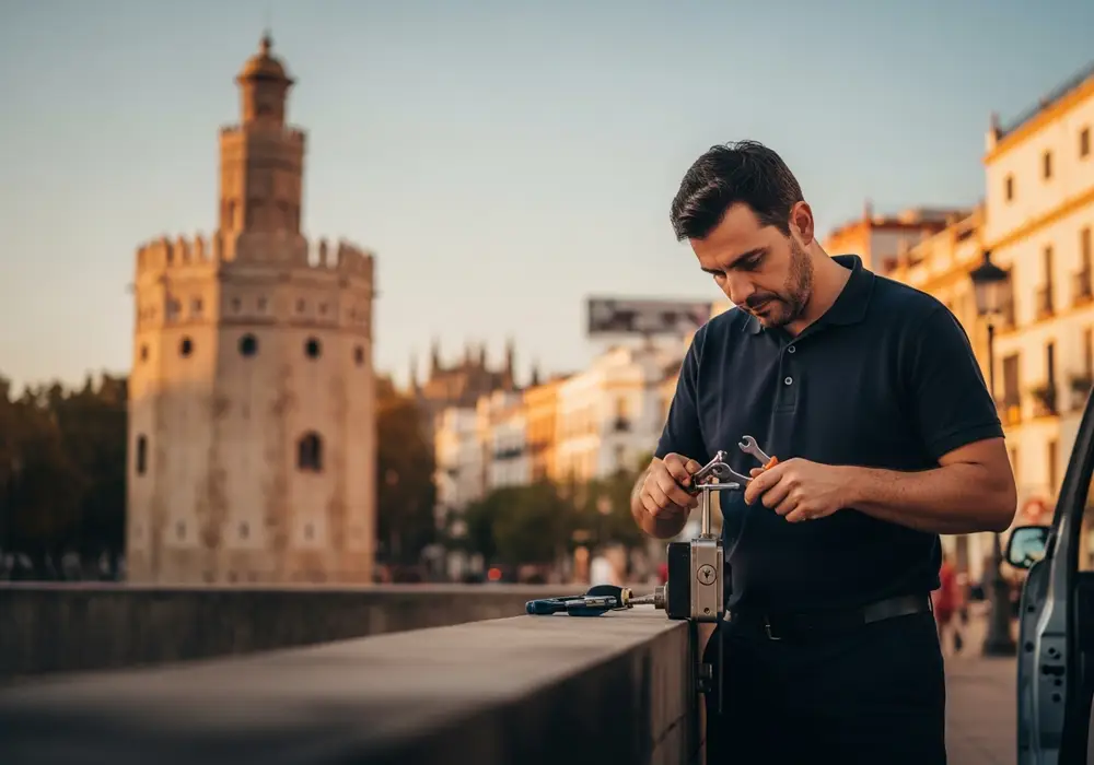 Cerrajero de KeySevilla trabajando cerca de la Torre del Oro, en el barrio del Arenal, Sevilla