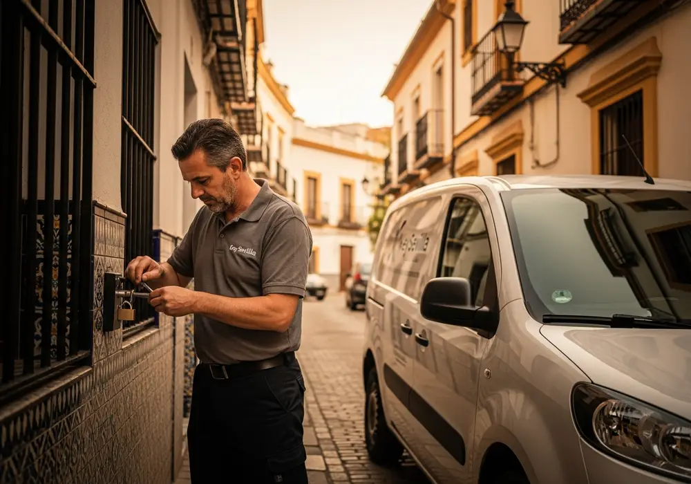 Furgoneta de Cerrajero KeySevilla en una calle estrecha del Cerro del Águila, Sevilla