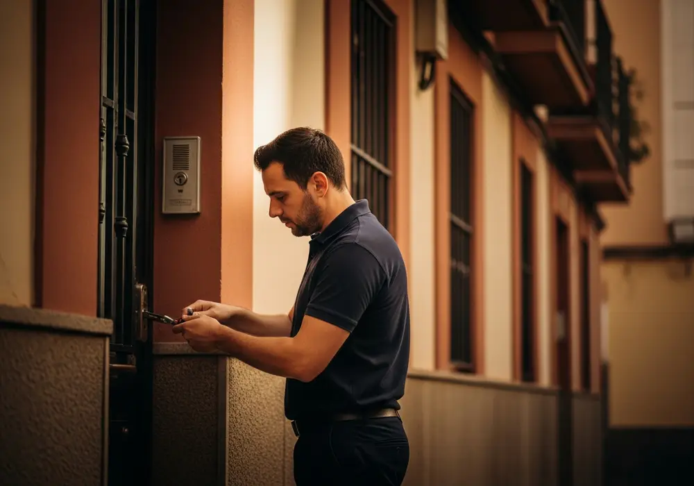 Cerrajero de KeySevilla trabajando en un bloque de vivienda obrera del Cerro del Águila, Sevilla