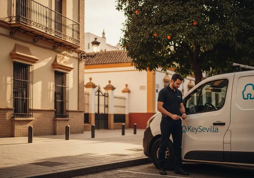 Furgoneta de Cerrajero KeySevilla en una calle arbolada de Ciudad Jardín, Sevilla
