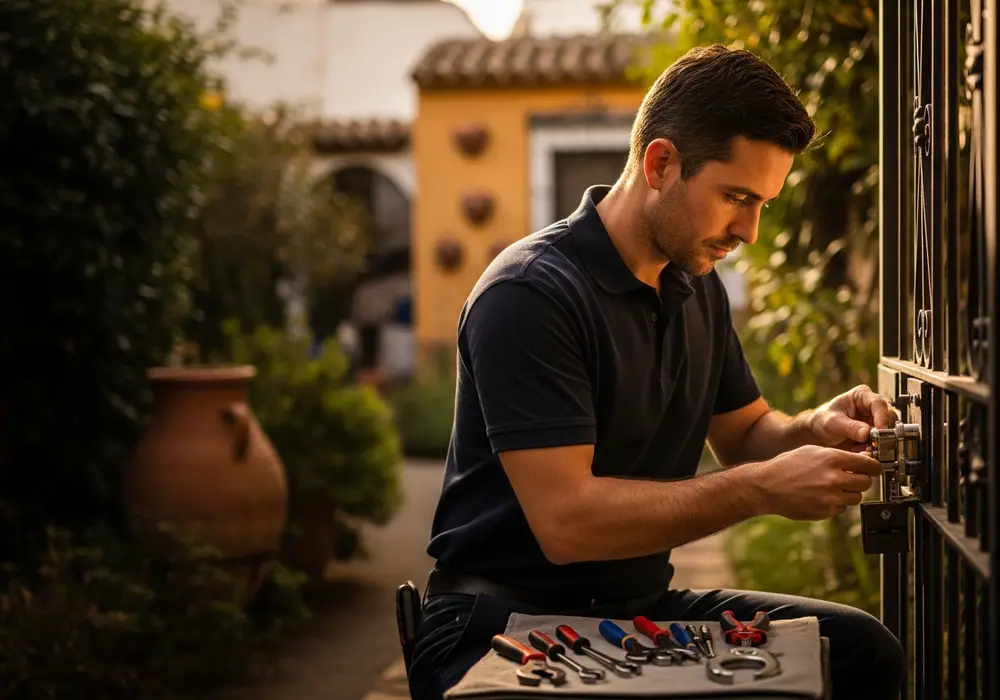 Cerrajero de KeySevilla trabajando en una casa con jardín de Ciudad Jardín, Sevilla