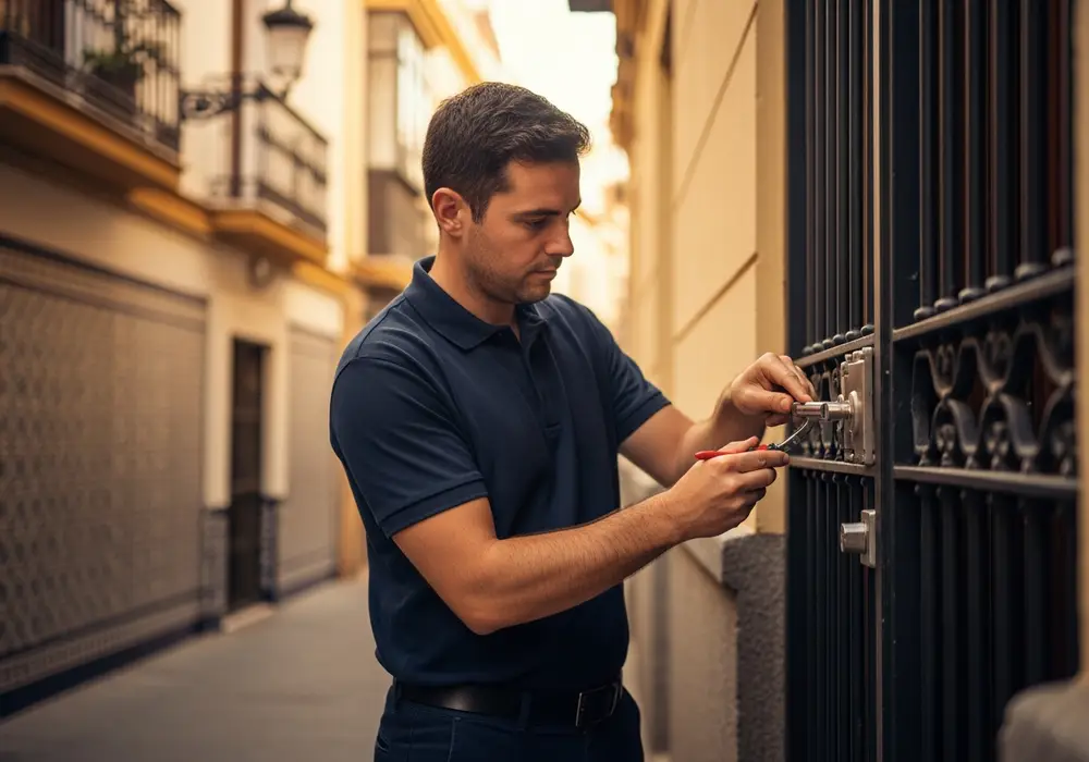 Instalación de cerradura de seguridad en una puerta blindada de El Porvenir, Sevilla, realizada por Cerrajero KeySevilla