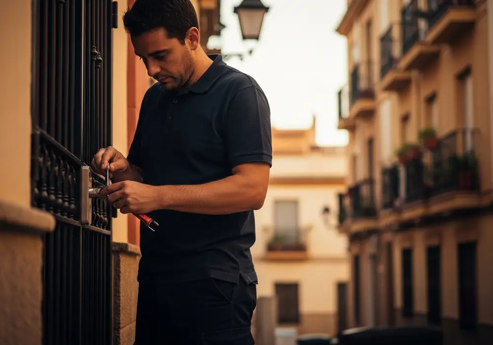 Cerrajero de KeySevilla trabajando en un bloque residencial de la zona de Felipe II, Sevilla