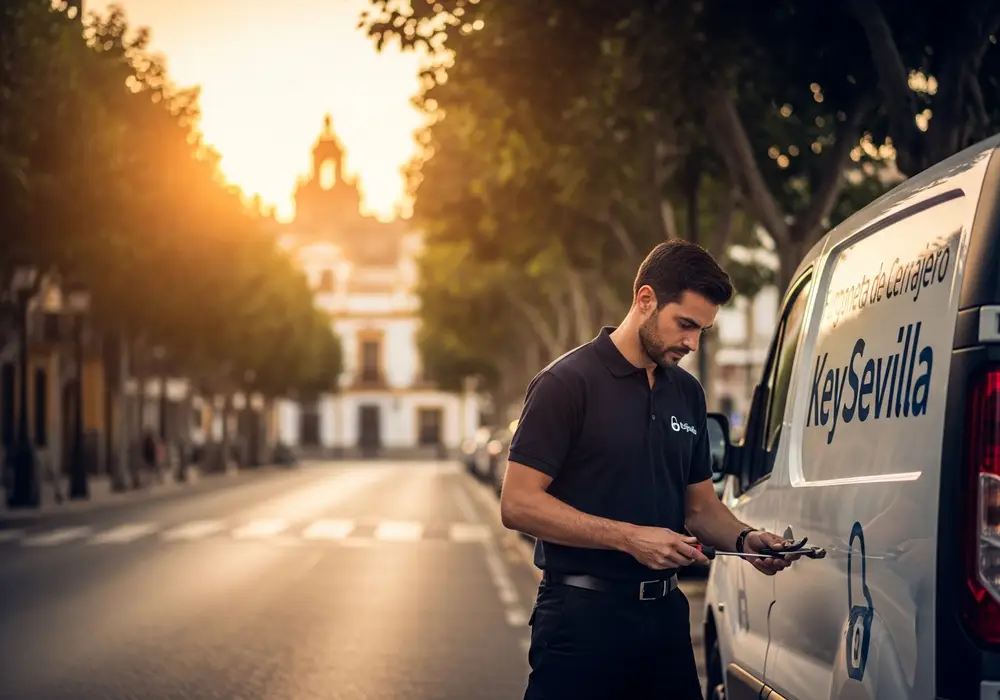 Furgoneta de Cerrajero KeySevilla en una calle arbolada de Heliópolis, Sevilla