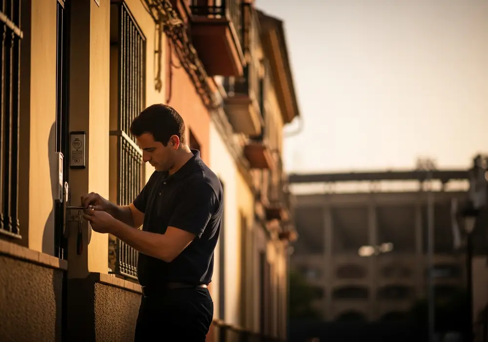 Cerrajero de KeySevilla trabajando cerca del estadio Benito Villamarín, en Heliópolis, Sevilla