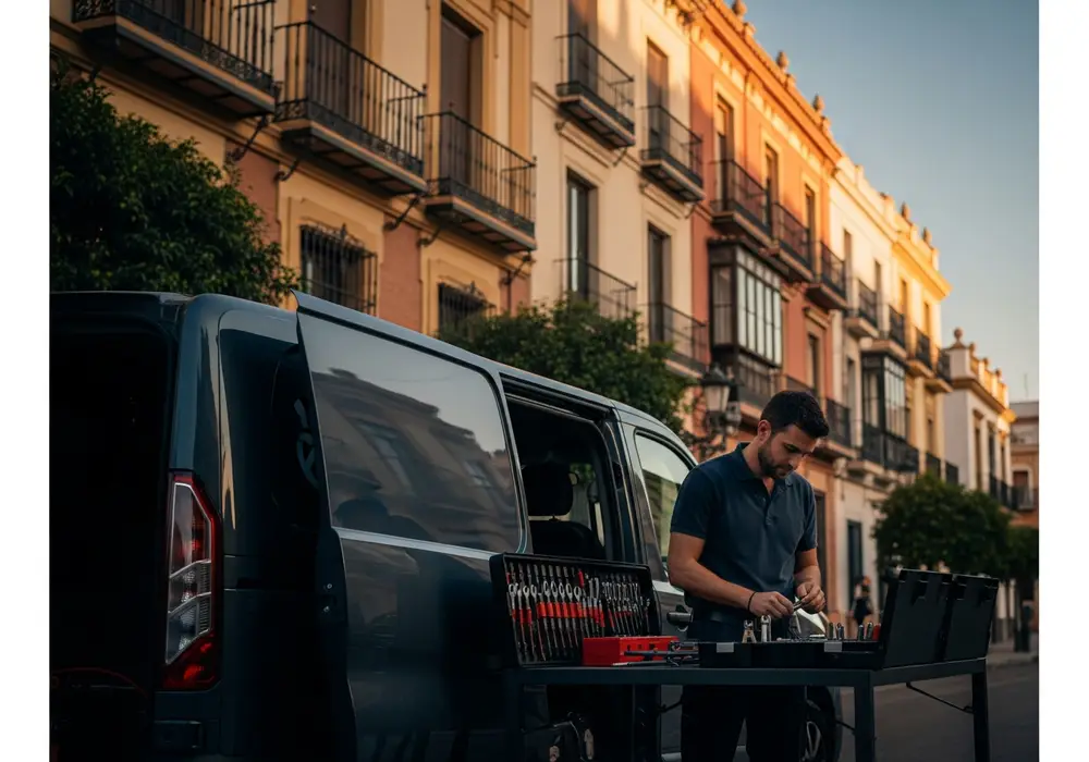 Furgoneta de Cerrajero KeySevilla frente a un bloque de pisos de Reina Mercedes, Sevilla