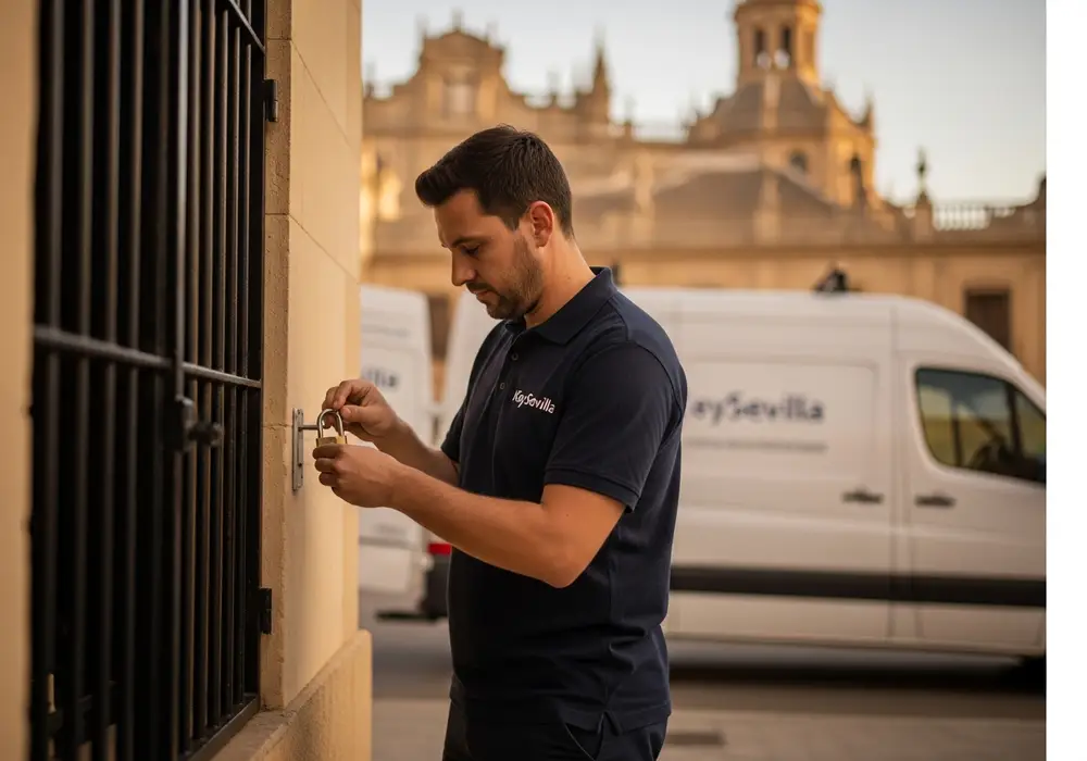 Furgoneta de Cerrajero KeySevilla frente a un bloque de Rochelambert, Sevilla