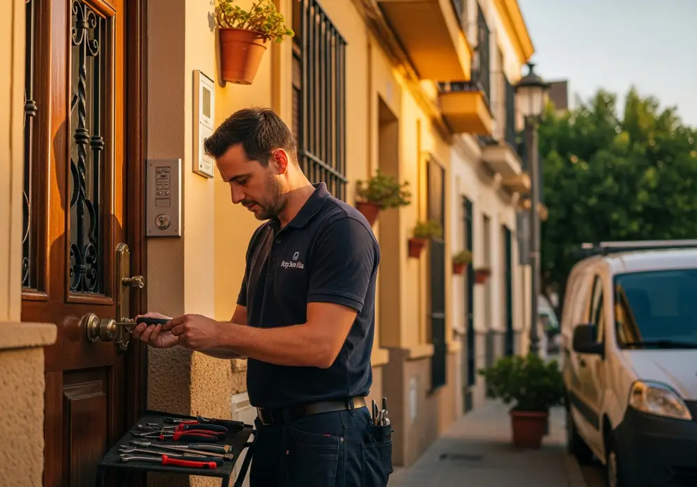 Cerrajero de KeySevilla trabajando en un bloque residencial de Tiro de Línea, Sevilla