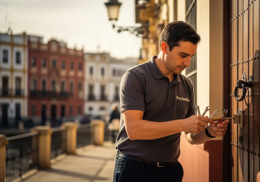 Cerrajero de KeySevilla trabajando en una puerta de Triana, Sevilla, cerca de la calle Betis