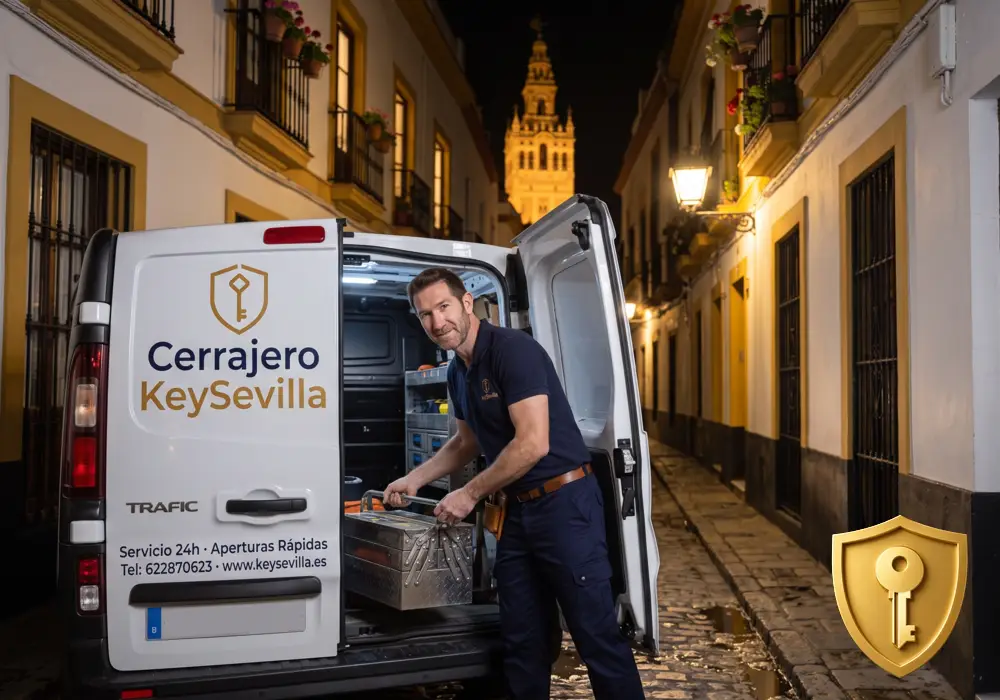 Furgoneta de Cerrajero KeySevilla saliendo a un aviso urgente nocturno en Sevilla