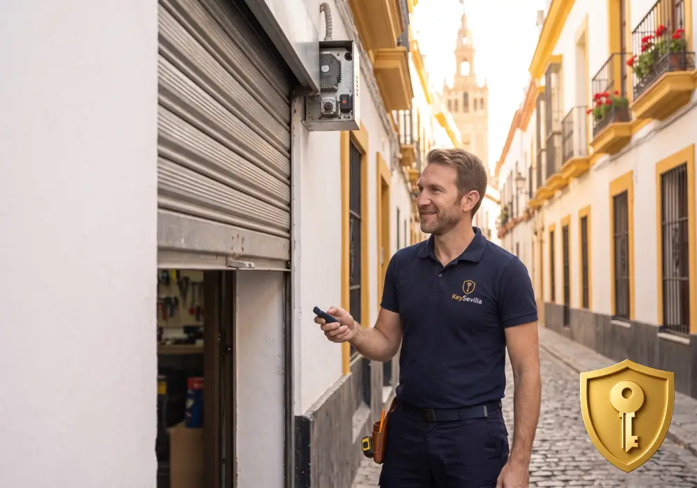 Persiana metálica motorizada revisada por Cerrajero KeySevilla en un local de Sevilla