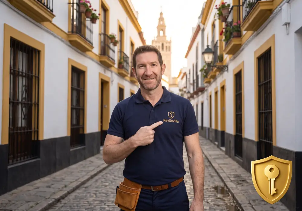 Técnico de Cerrajero KeySevilla identificado con uniforme en un aviso urgente en Sevilla