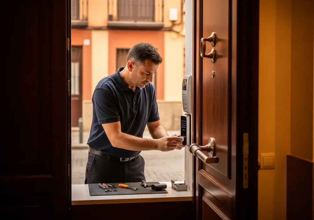 Cerrajero de KeySevilla instalando una cerradura electrónica con código temporal en un apartamento turístico de Sevilla