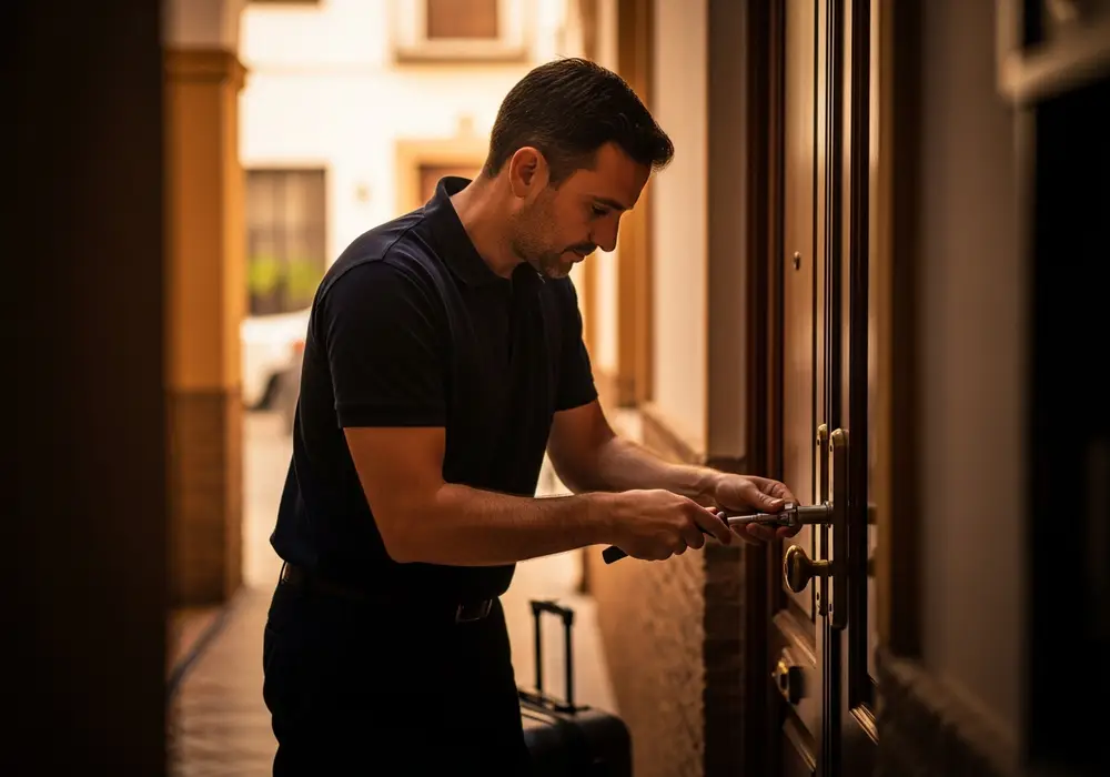 Cerrajero de KeySevilla cambiando el bombín de un apartamento turístico entre huéspedes en Sevilla