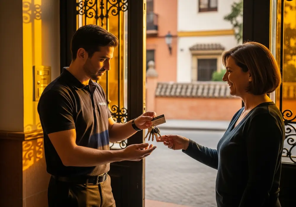Cerrajero de KeySevilla entregando una serie de copias de llaves a un vecino en el portal de una comunidad en Sevilla