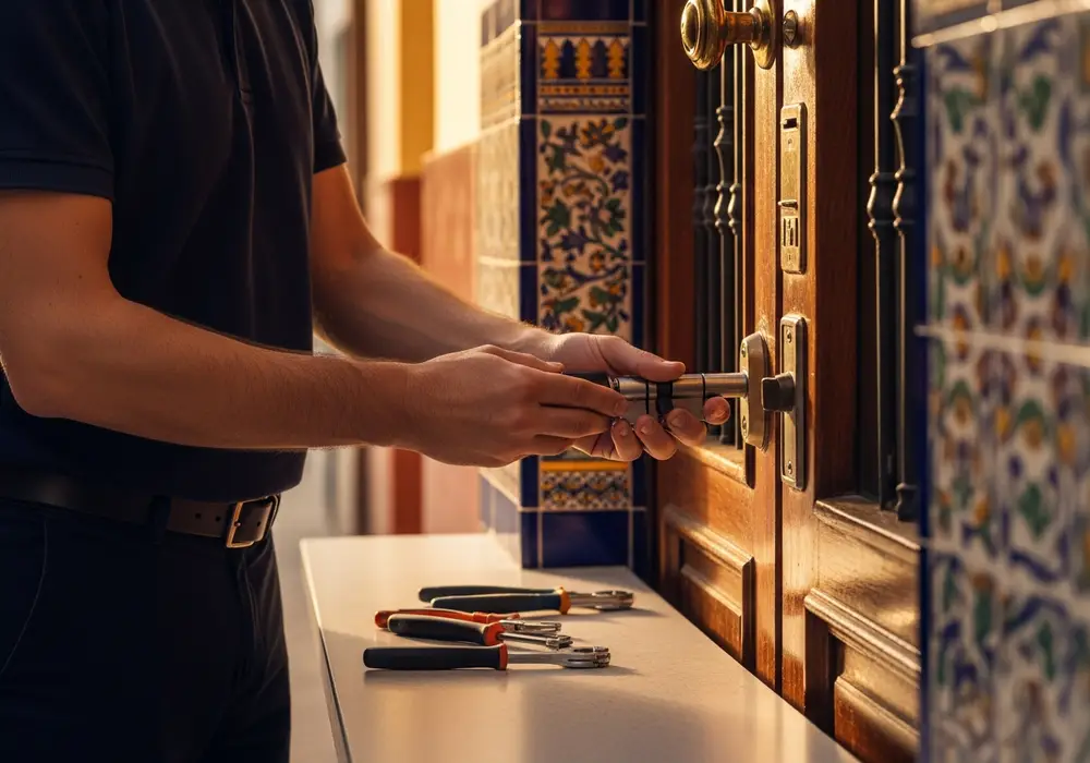 Cerrajero de KeySevilla instalando un nuevo bombín en la puerta del portal de una comunidad de vecinos en Sevilla