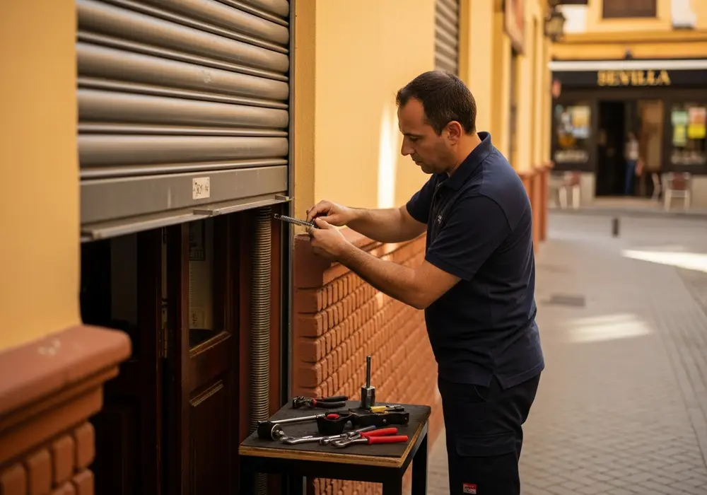 Cerrajero de KeySevilla reparando el muelle de una persiana metálica en un bar de Sevilla