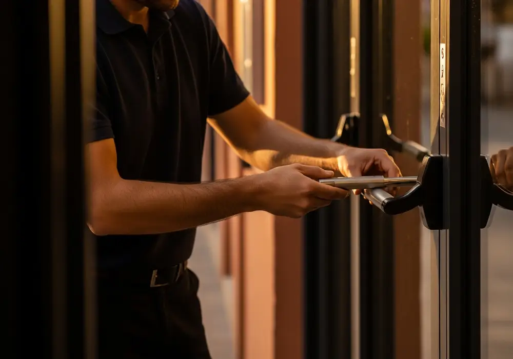 Cerrajero de KeySevilla instalando una barra antipánico en la salida de emergencia de un local comercial en Sevilla