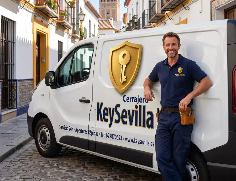 Técnico de Cerrajero KeySevilla junto a la furgoneta rotulada en una calle del centro de Sevilla