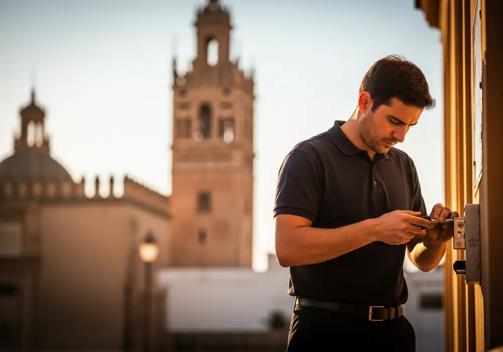 Cerrajero de KeySevilla trabajando cerca de las torres barrocas de Écija, Sevilla