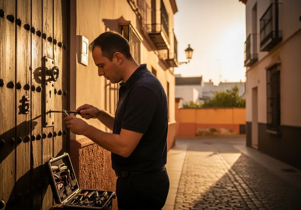 Cerrajero de KeySevilla trabajando en el casco histórico de Sanlúcar la Mayor, Sevilla