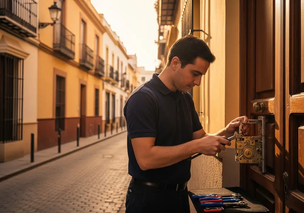 Cerrajero de KeySevilla trabajando en el casco histórico de Utrera, Sevilla