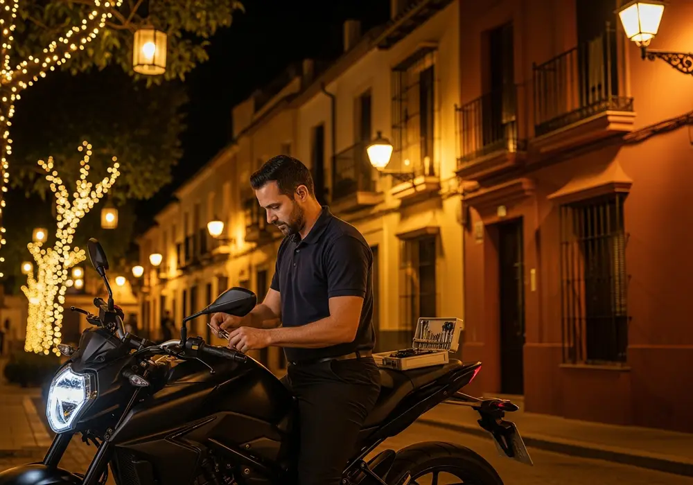 Cerrajero de KeySevilla en moto de noche por una calle de Los Remedios, Sevilla, durante la Feria de Abril
