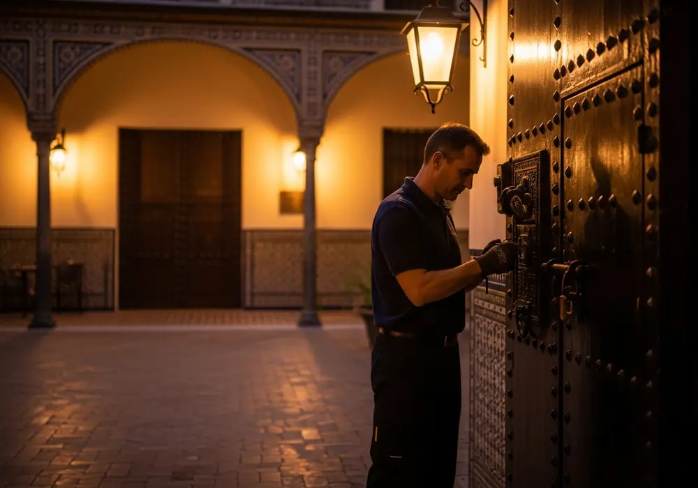 Cerrajero de KeySevilla reparando una cerradura antigua en un patio histórico de Sevilla de noche